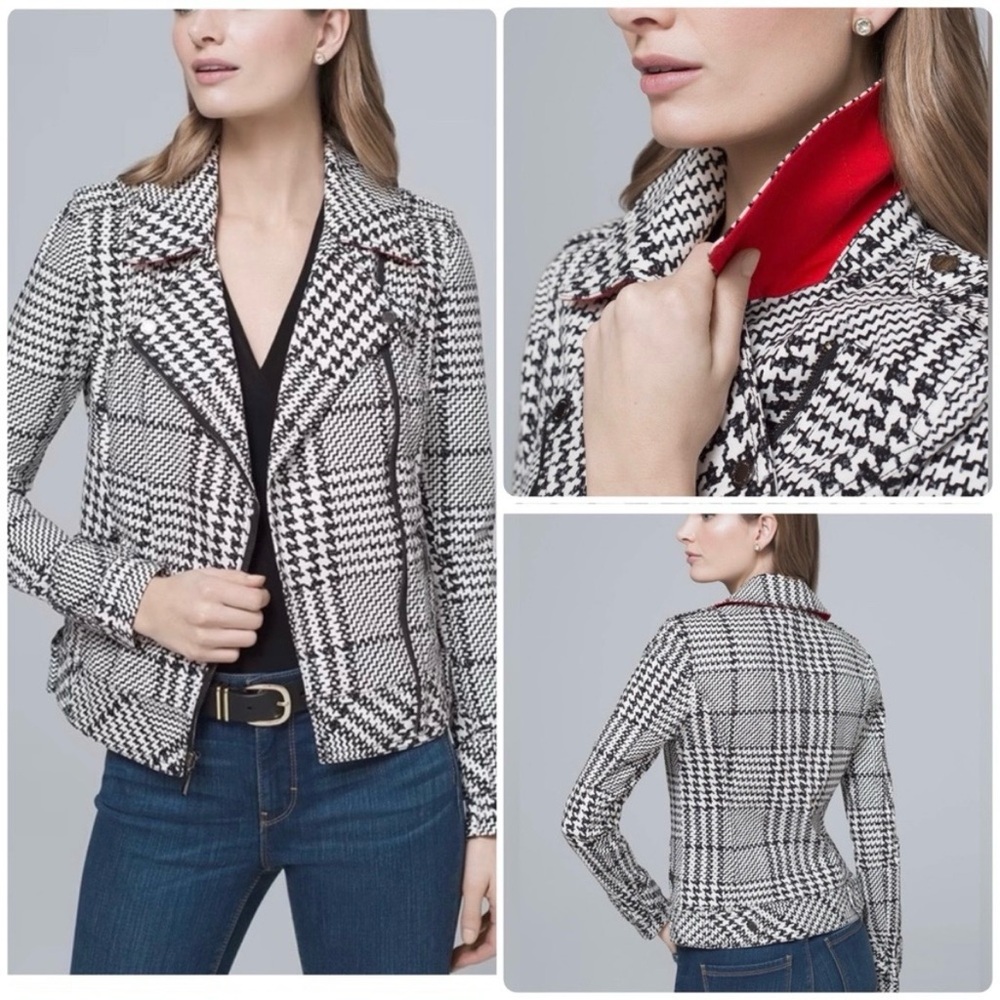 WHBM Moto Jacket Houndstooth Plaid Black Ecru Stretch Denim Classic 00